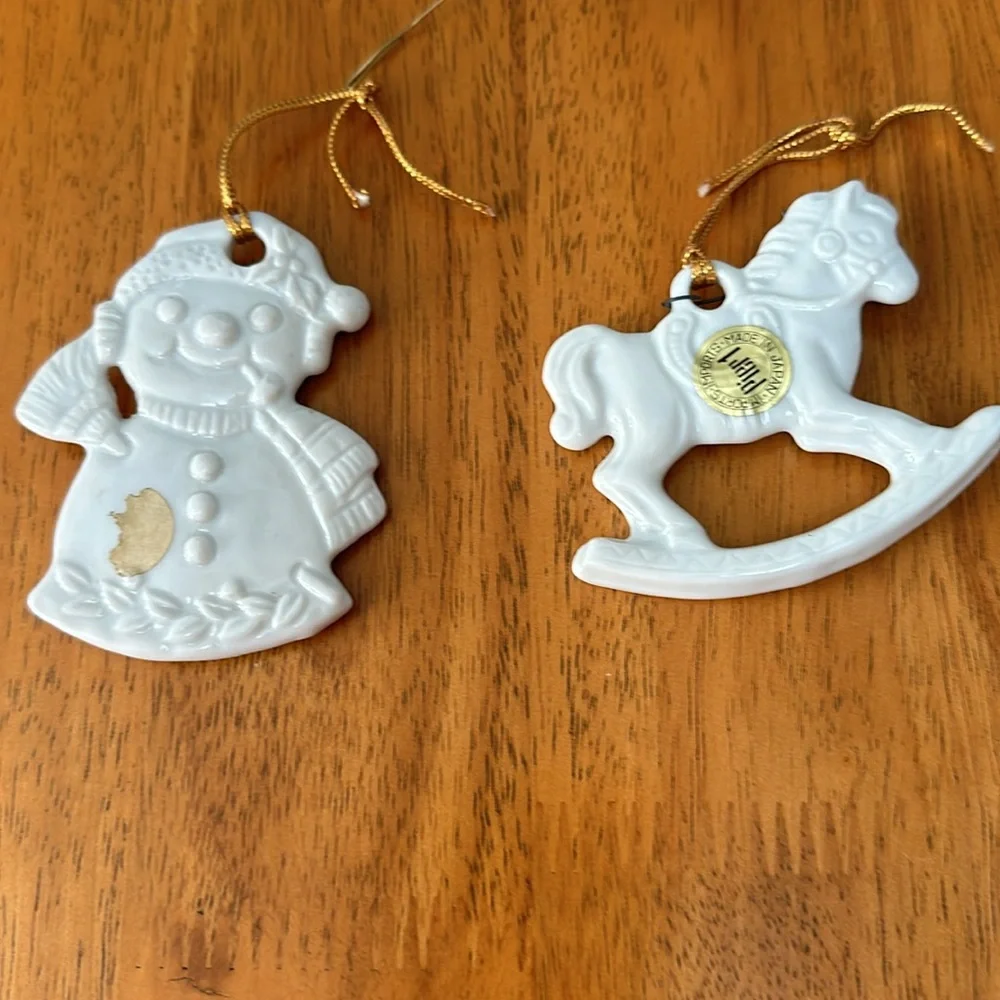 Pier 1 imports ornaments. White high gloss porcelain. Rocking horse. Snowman.